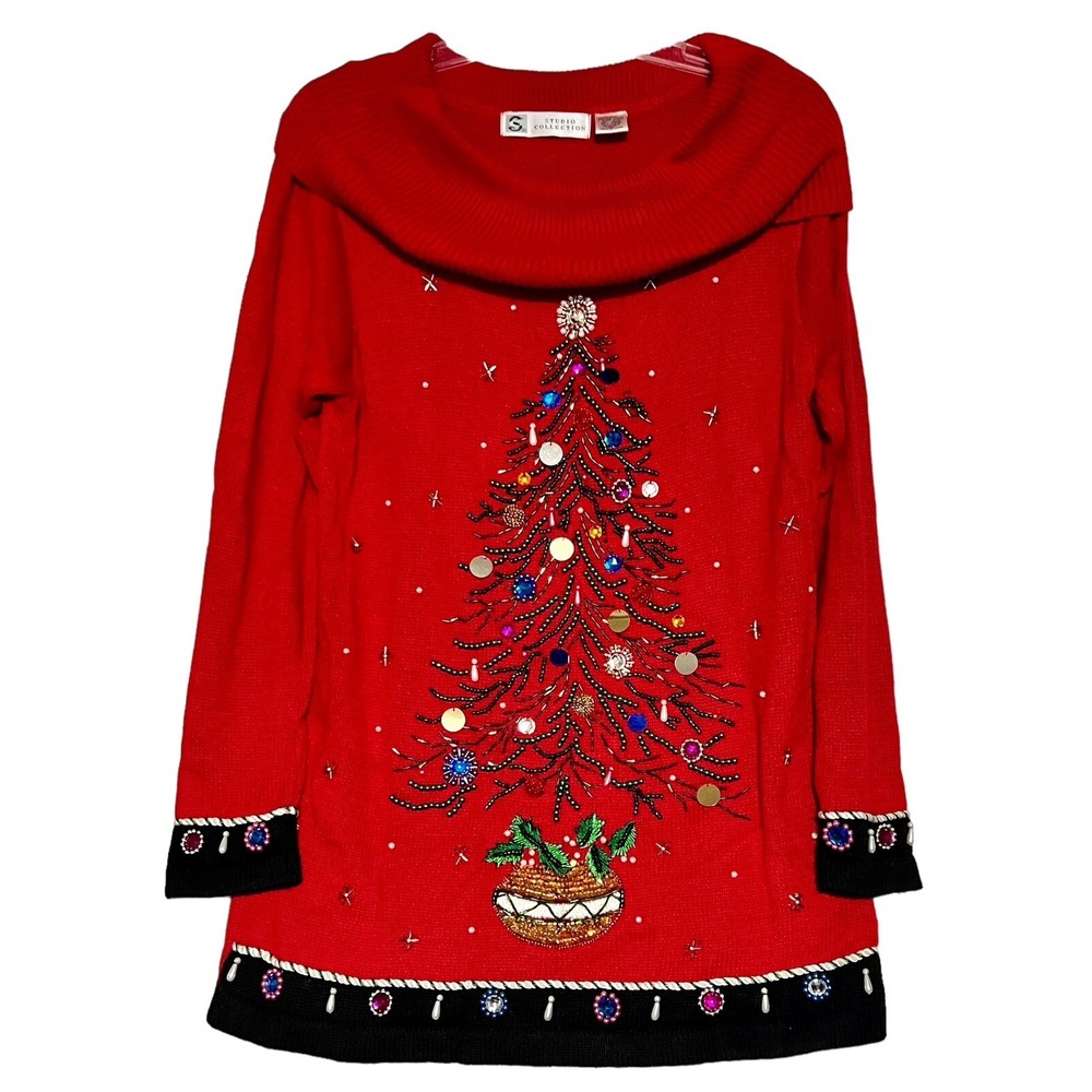 Vintage Studio Collection Christmas‎ Tree Holiday Red Sweater Womens Size Medium